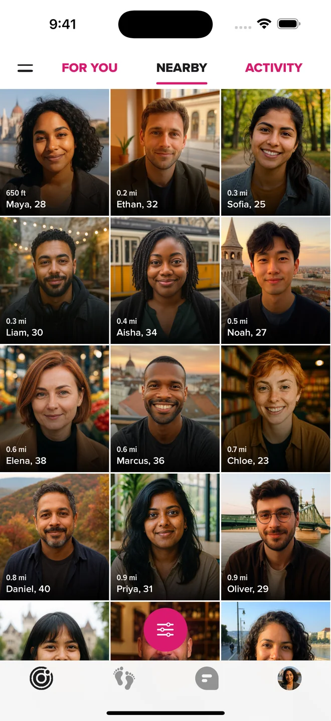 Large device mockup showing Freelove's native iOS People grid with fictional demo profiles.