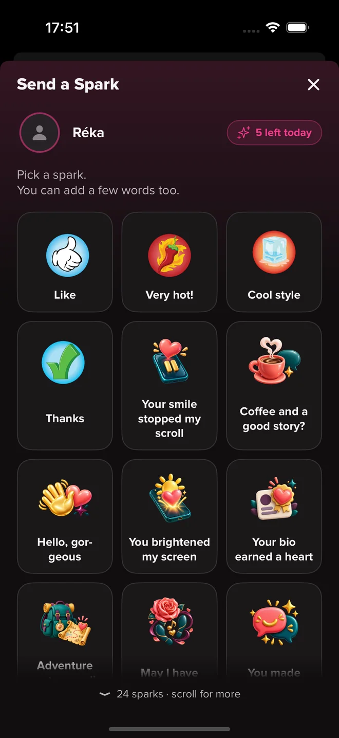 Large device mockup showing the native iOS Spark grid with illustrated compliments and conversation starters, using a demo recipient.