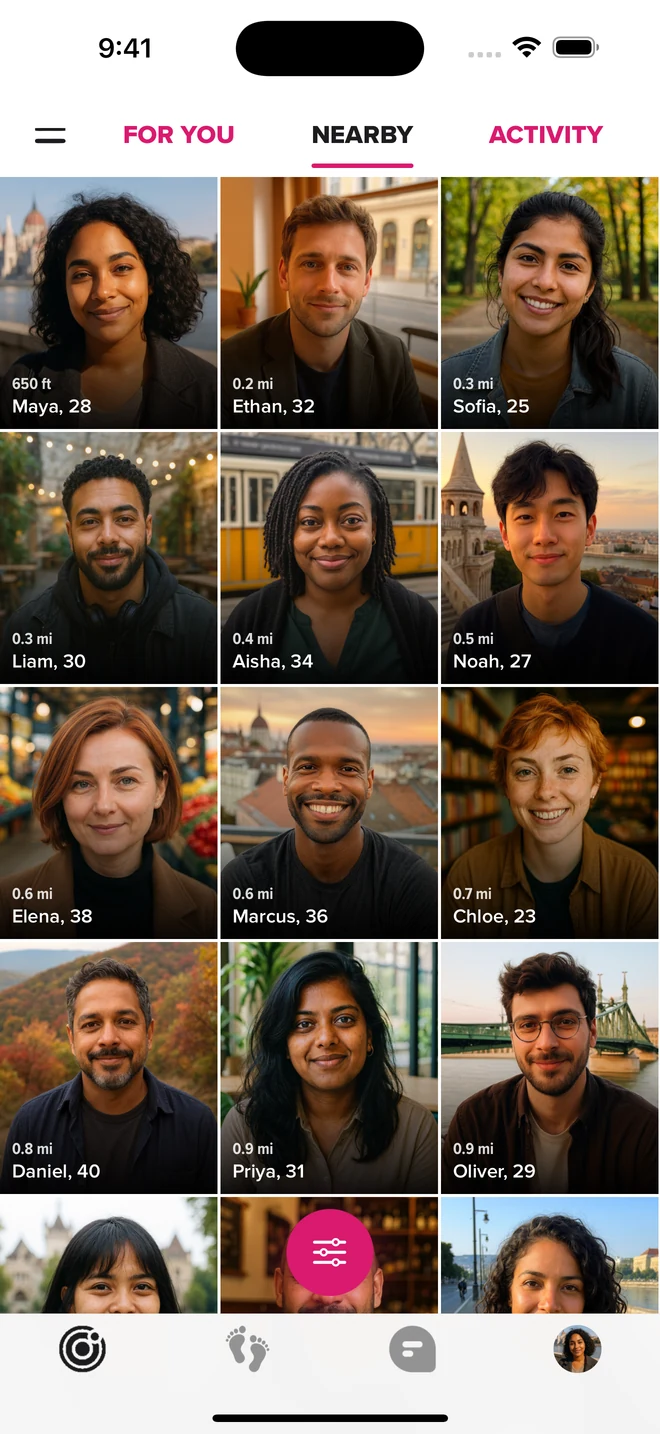 The Freelove iOS Nearby view with a full-screen grid of female and male demo profiles.